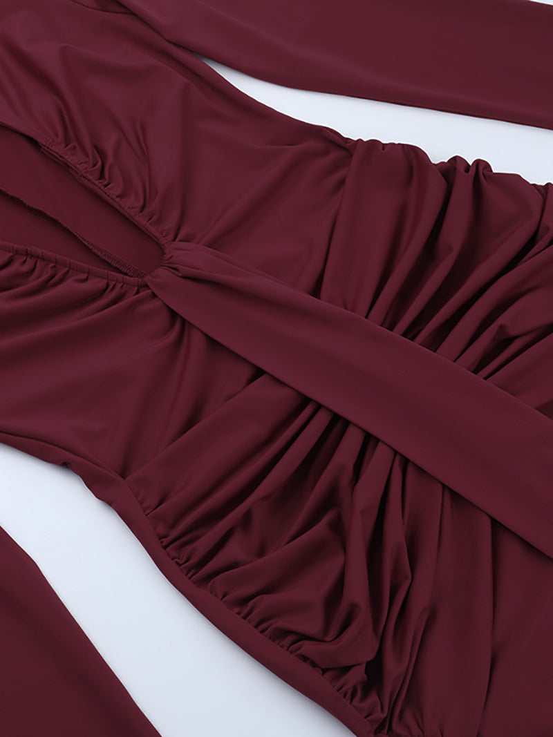 Elegant Deep V Pleated Bodycon Slit Maxi Dress