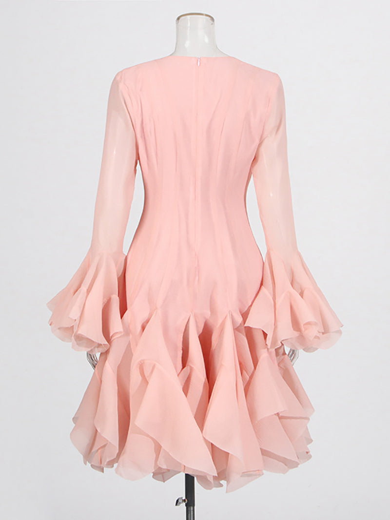 Round Collar Flare Sleeve Patchwork Ruffle Midi Dress