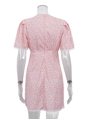 Casual V Neck Print Puff Sleeve High Waist Mini Dress