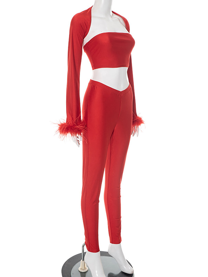 Sexy Feather Cropped Top Skinny Pants Club Sets