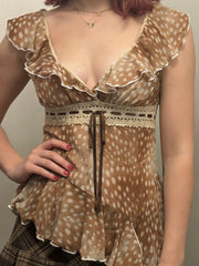 Fashion Plunging Asymmetric Ruffle Print Blouse