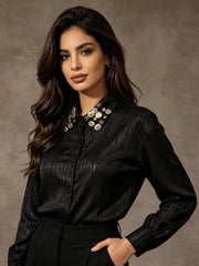 Textured Satin Stripe Button Blouse