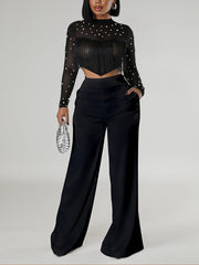 See Through Beading Fringe Cropped Pant Sets