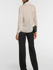 Fashion Ribbon See through Long Sleeve Silk Blouse