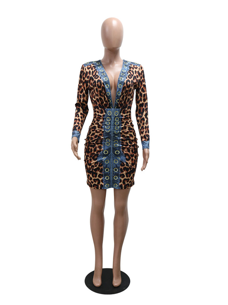 Deep V Neck Leopard Print Package Hip Dress