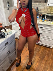 Sexy Polka Dots Hollow-out Halter Backless Romper