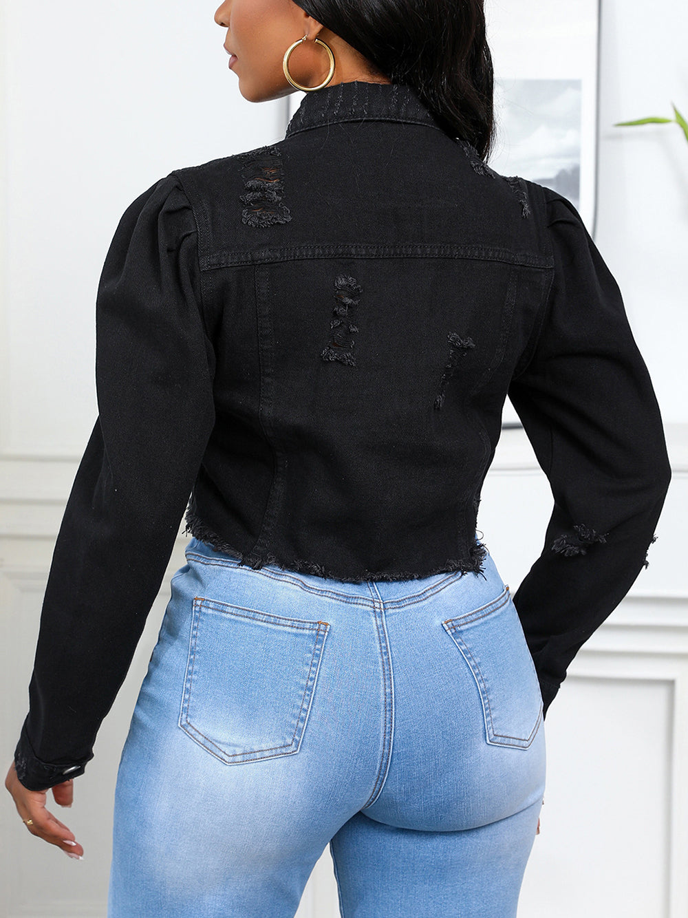 Wash Ruched Ripped Crop Denim Jacket