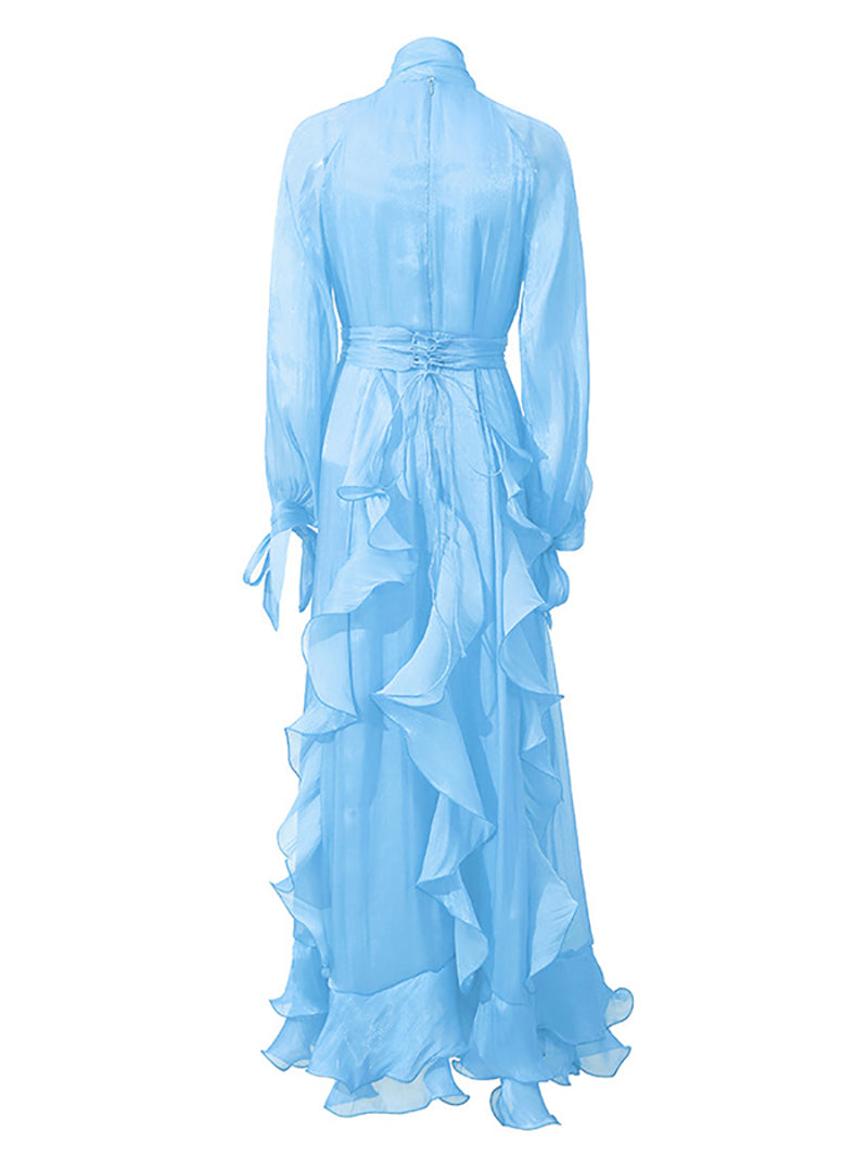 Elegant Lantern Sleeve Ruffle Cinched Waist Maxi Dress