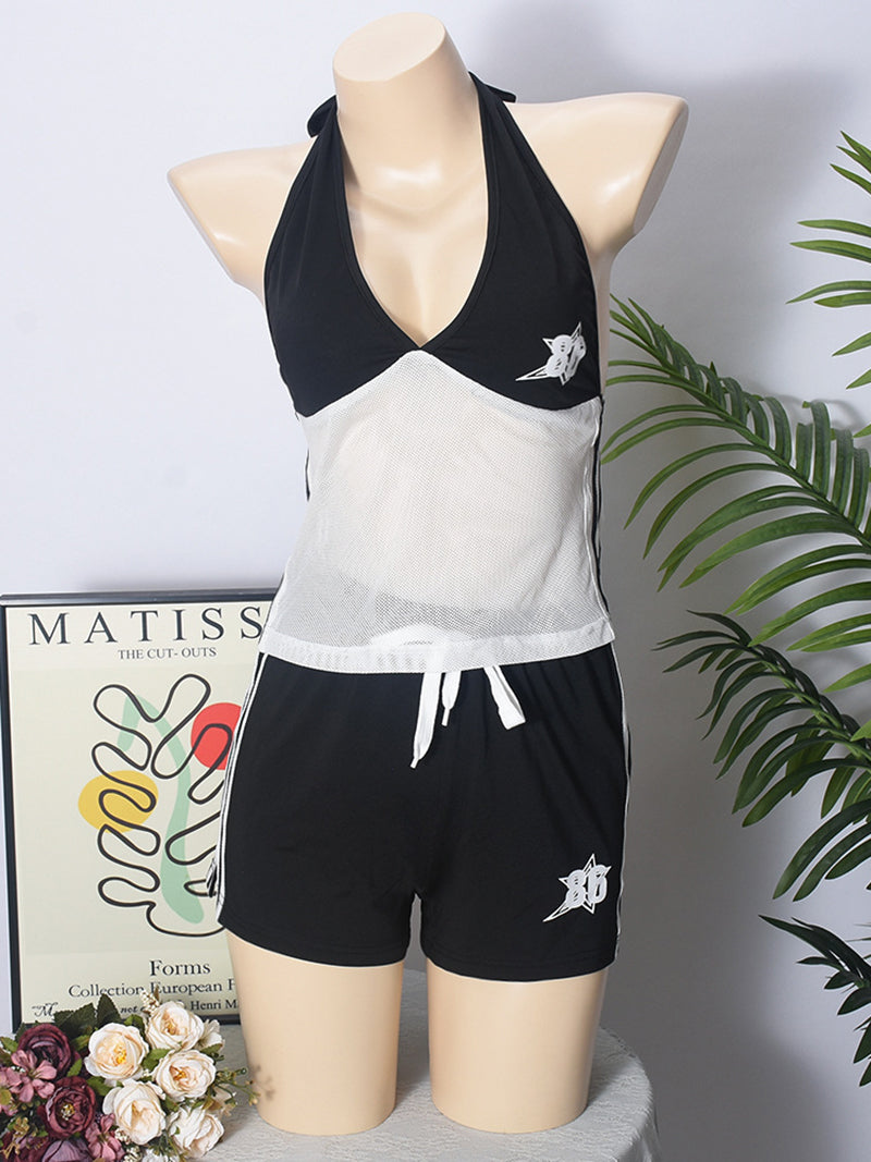 Casual Print Mesh Patchwork Sleeveless Vest Shorts Sets