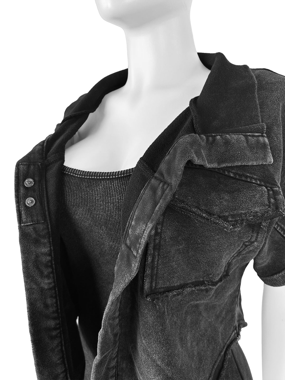 Casual Washed Cropped Jacket Ribbed Romper Set