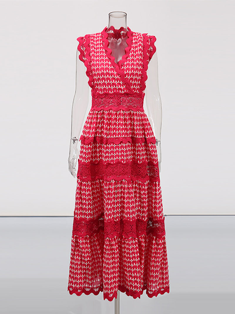 Elegant V-neck Embroidered Lace Maxi Dress