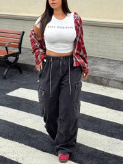 Plus Size Drawstring Wide Leg Denim Cargo Pants