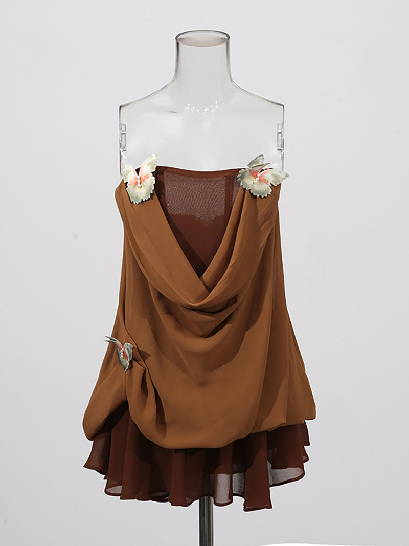 Sexy Strapless Butterfly Mesh Ruffle Mini Dress