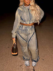 Fashion Zipper Crop Jacket And Straight Leg Jeans Sets