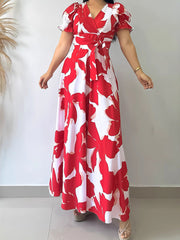 Elegant V Neck Floral Print Pleated Evening Dress