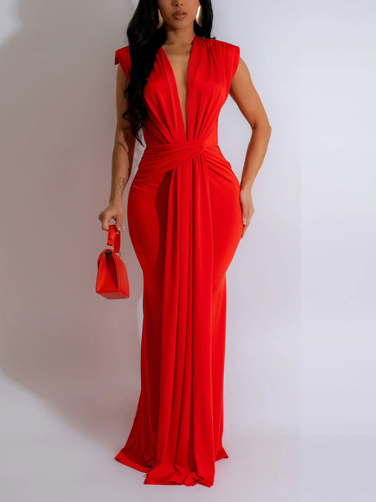 Elegant Deep V Plunge Draped Maxi Dress