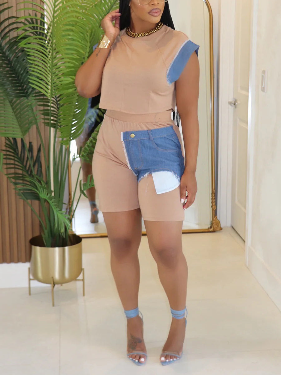 Casual Denim Patchwork Shorts Two- Piece Set