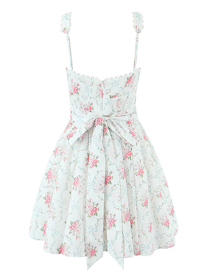 Fashion Floral Print Lace-Trim Ruffle Mini Dress