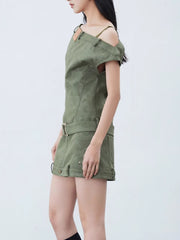 Patchwork One-shoulder Fitted Denim Short Sleeve Dress