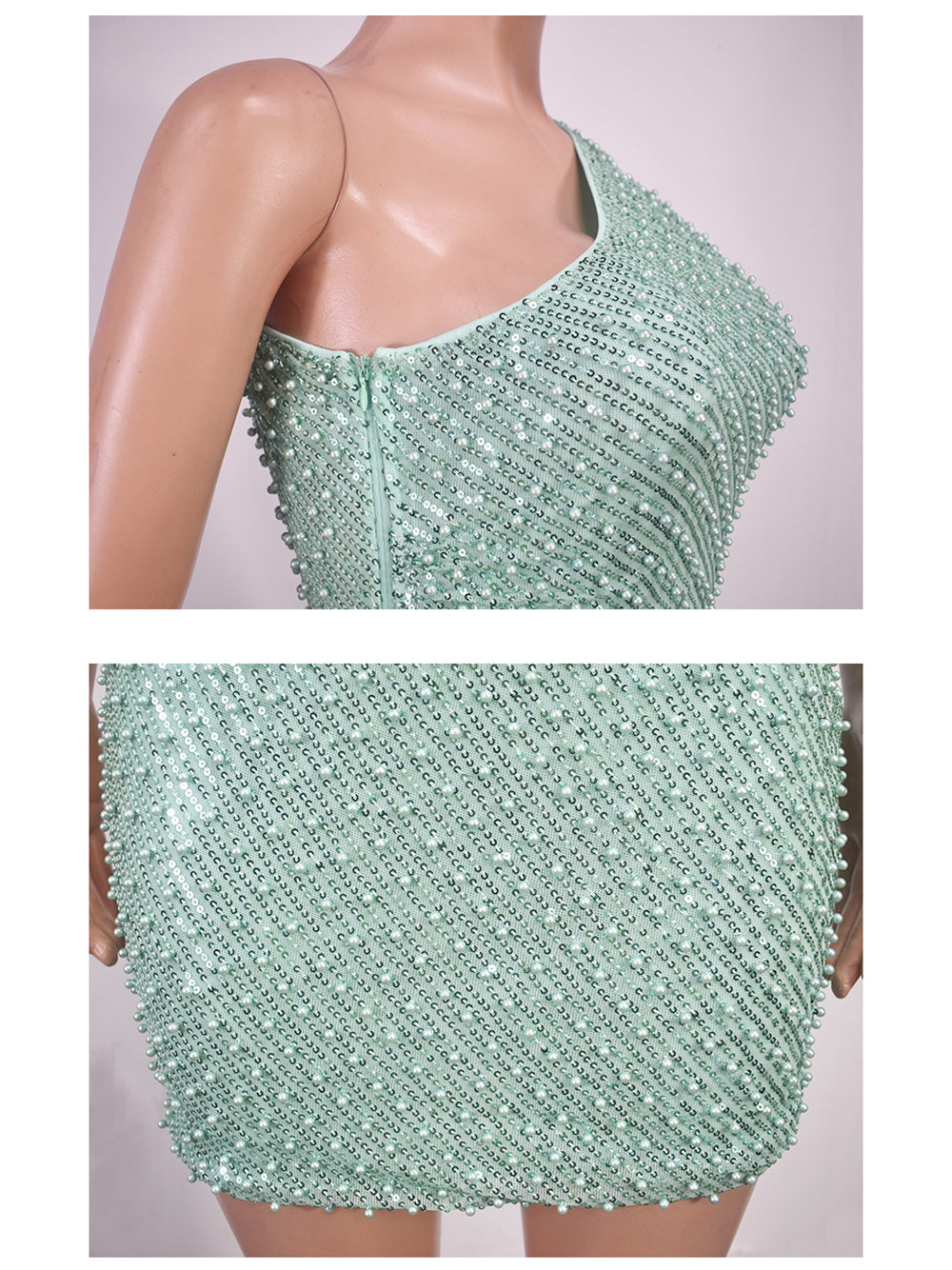 Sexy Solid Color Sequins Backless Oblique Collar Dress