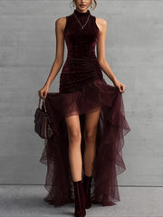 Velvet High Neck Asymmetric Tulle Hem Dress