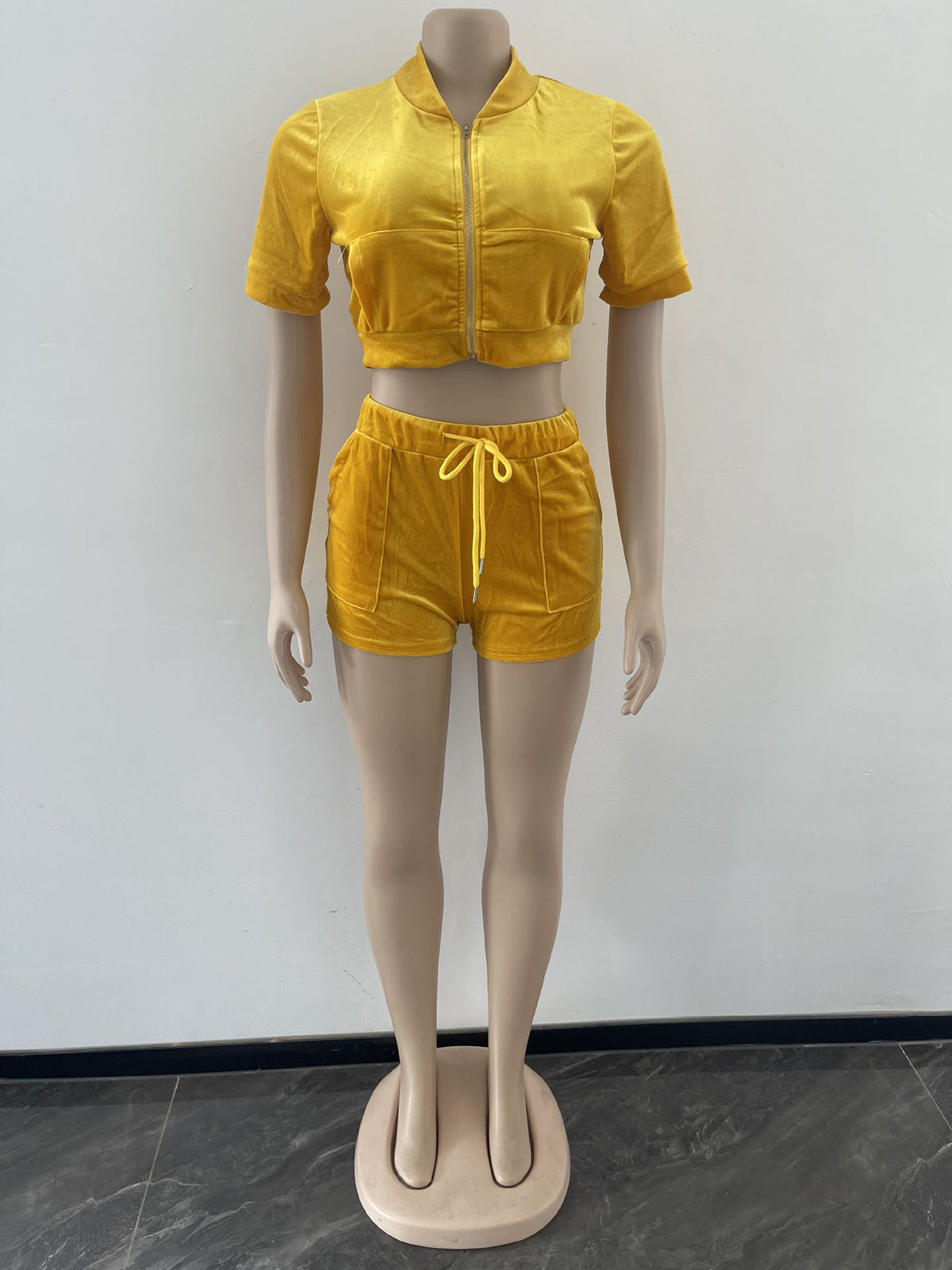 Velvet Zip-up Crop Top Shorts Jogging Two Piece Set