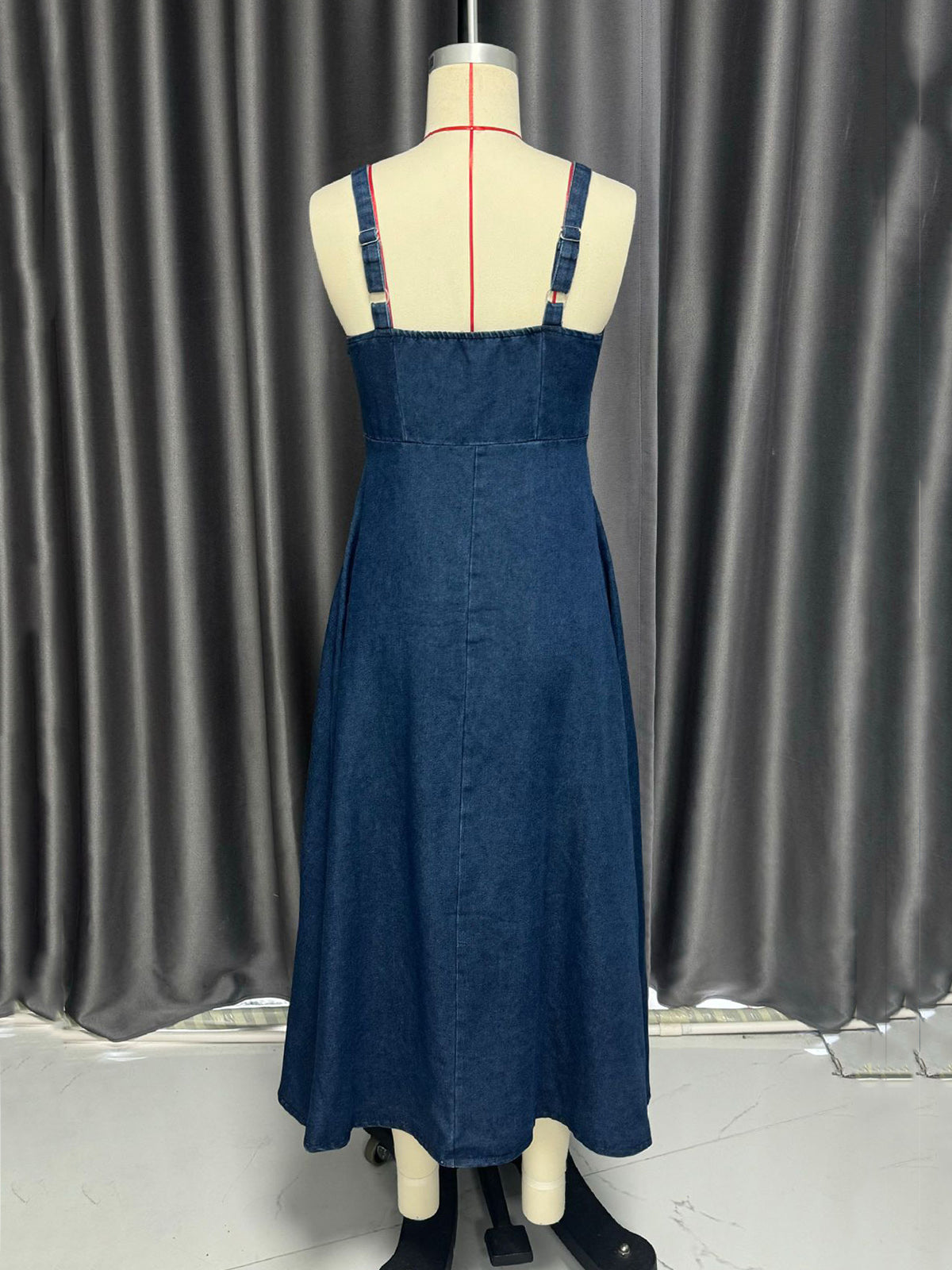 Elegant Sleeveless Lace-up Denim Suspenders Dress