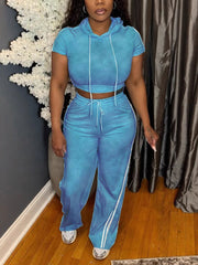 Casual Wash Cropped Hooded T Shirt and Pants Set