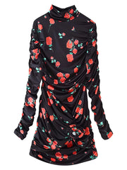 Half High Neck Flower Appliques Pleated Dress