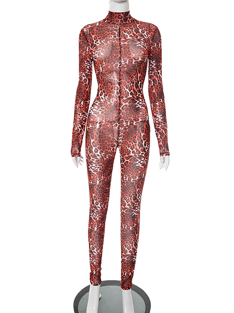 Sexy Leopard Print Mesh Backless Tight Jumpsuit