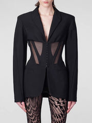 Solid Spliced Sheer Mesh Tunic Blazer