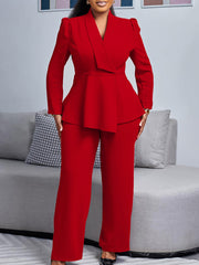 Chic Ruffled Top and Wide-Leg Pants Fashion Suit
