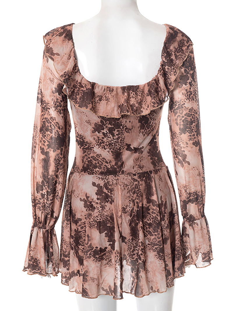 Sexy Leopard Print Ruffle Lace-up Mini Dress