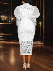 Fashion Mesh Patchwork Lace Puff Sleeves Party Dress