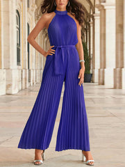 Fashion Sleeveless Slim Wide Leg Pleated Jumpsuit