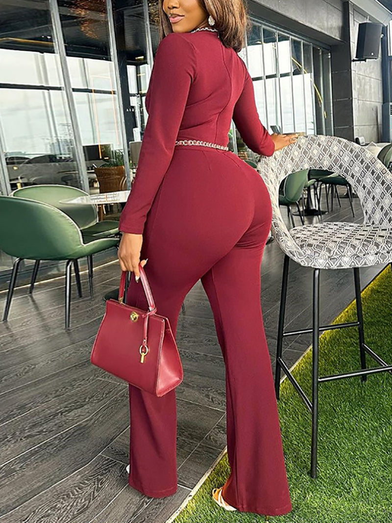 Hollow Long Sleeve Slim High Waist Wide Leg Jumpsuit