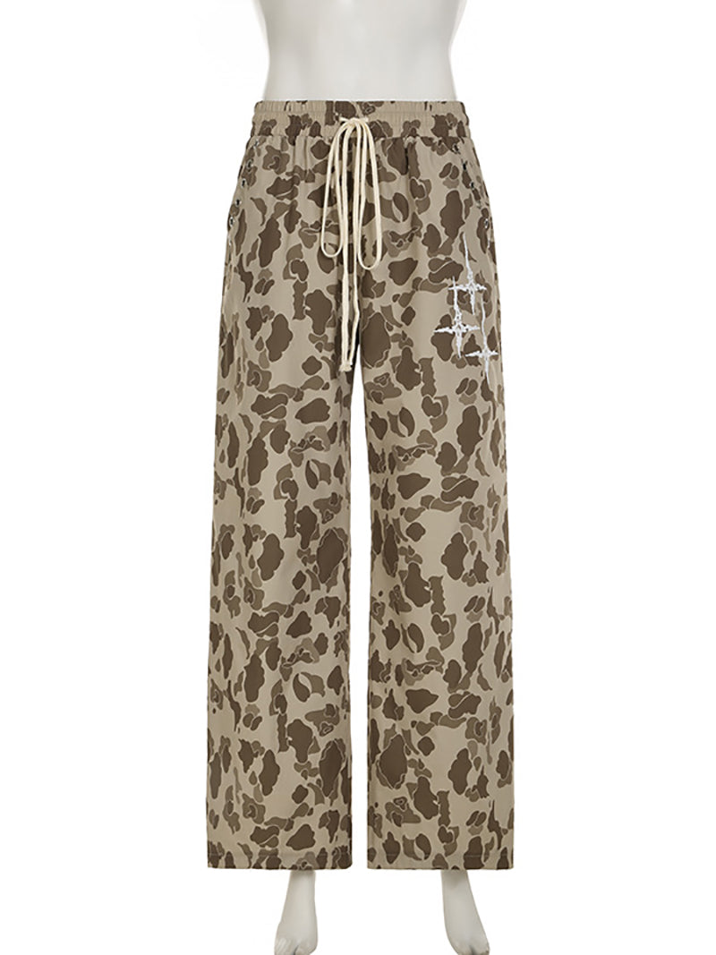 Casual Camo Print Drawstring Baggy Straight Pants