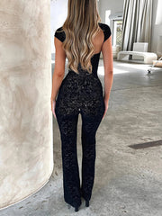 Sexy Flocking Hollow out Bandage Jumpsuit