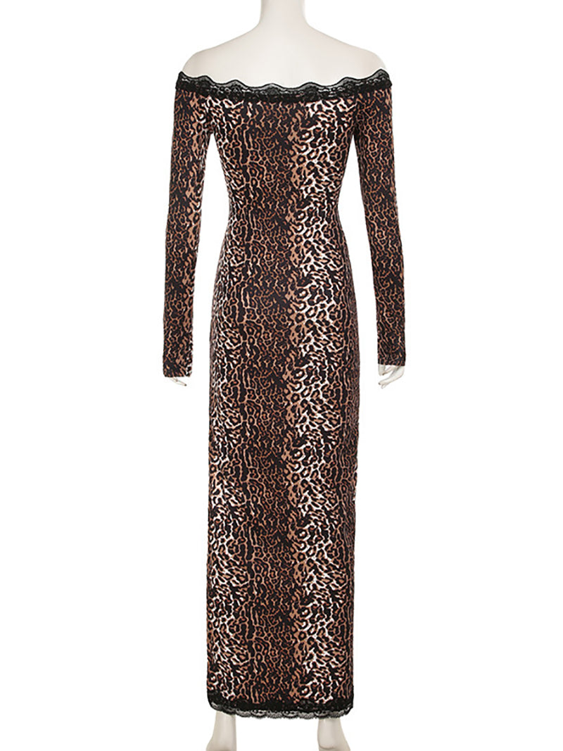 Off Shoulder Leopard Print High Slit Maxi Dress