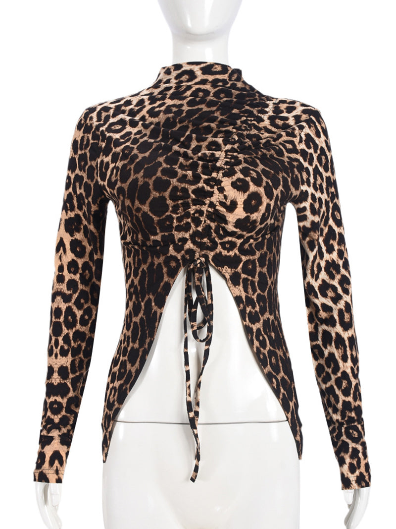 Leopard Print Drawstring Crop T Shirt