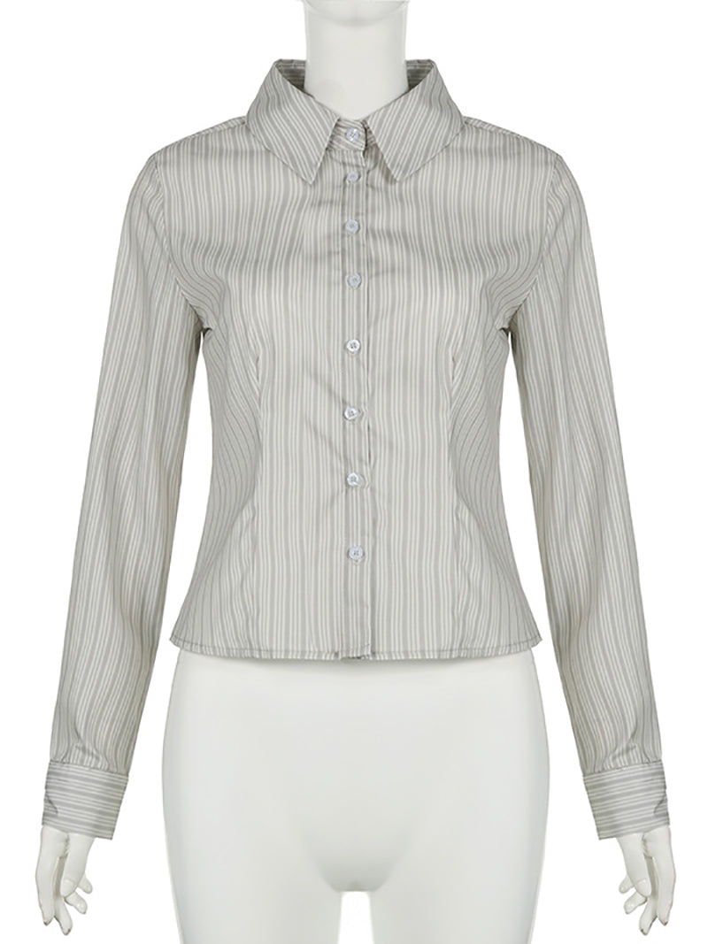Casual Stripe Blouse Long Sleeve Slim Fit Shirt