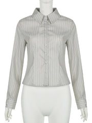 Casual Stripe Blouse Long Sleeve Slim Fit Shirt