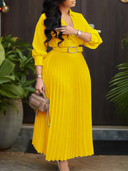 Elegant V-neck High Waist Pleated Dress