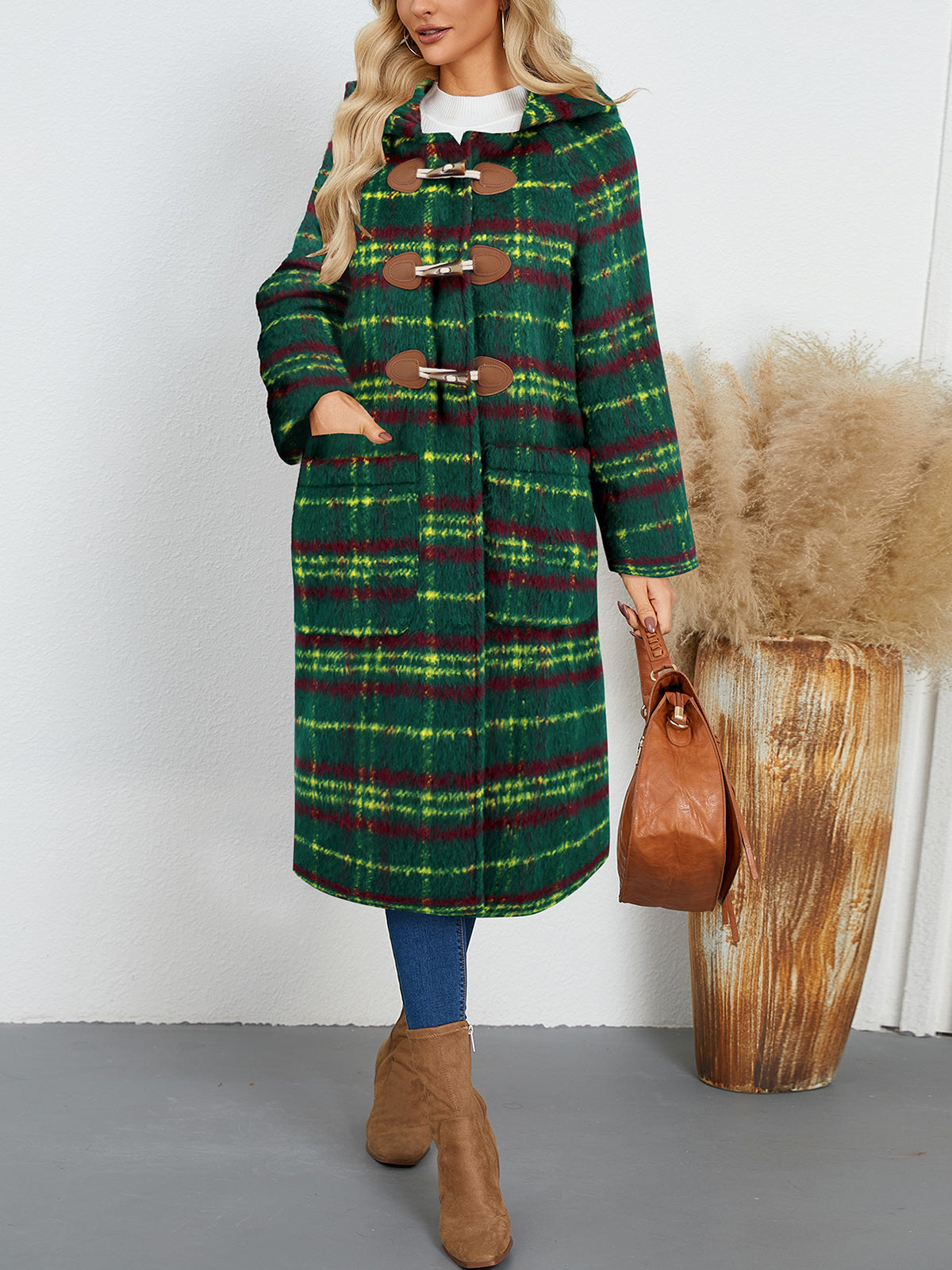 Retro Colorful Plaid Woolen Double Breasted Trench Coat