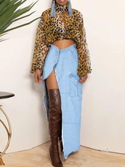 Sexy High Split Cargo Denim Skirt