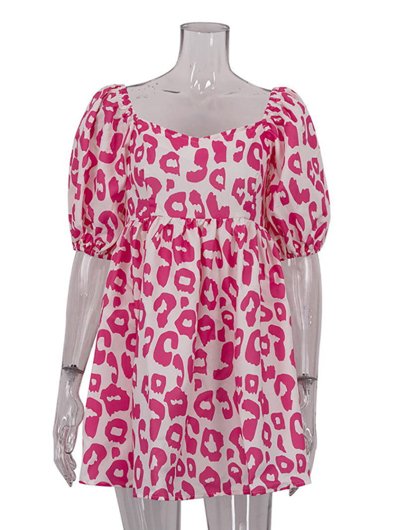 Casual Puff Sleeve Loose Print Mini Dress