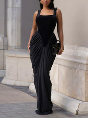 Fashion Patchwork Velvet Sleeveless Stacked Ruched Maxi Dress