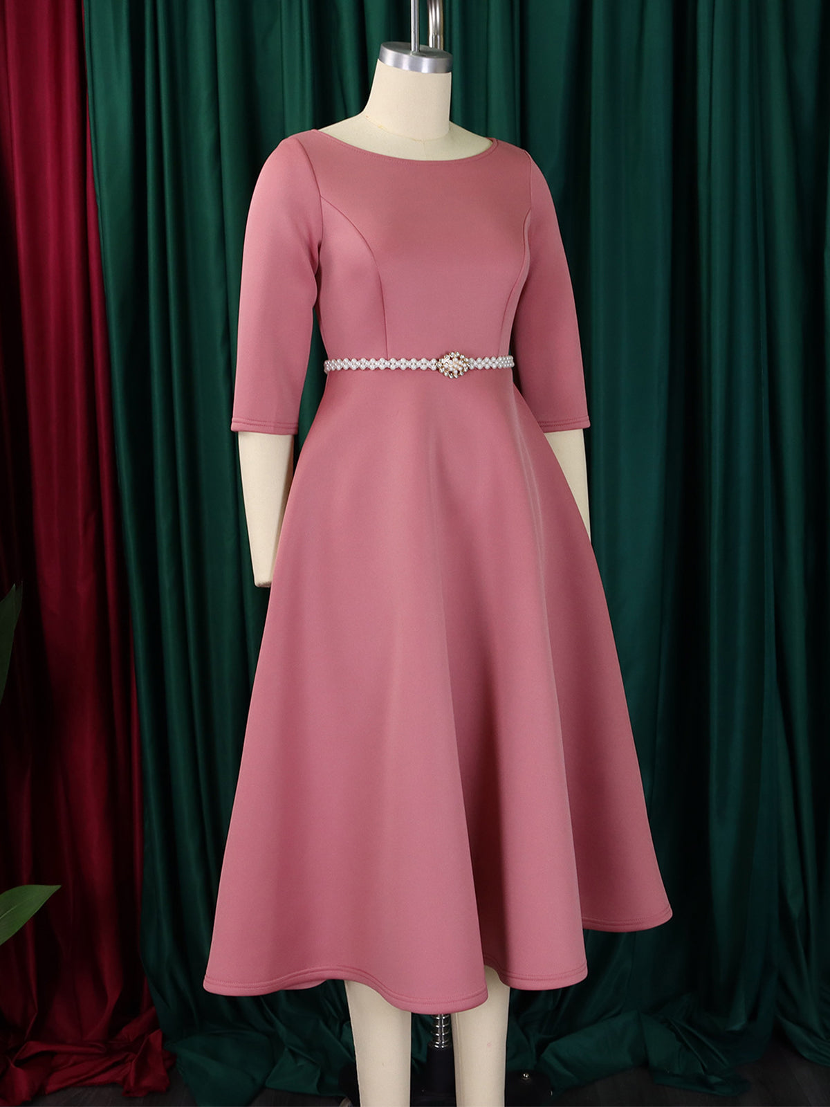 Elegant Solid Belted Evening Dress