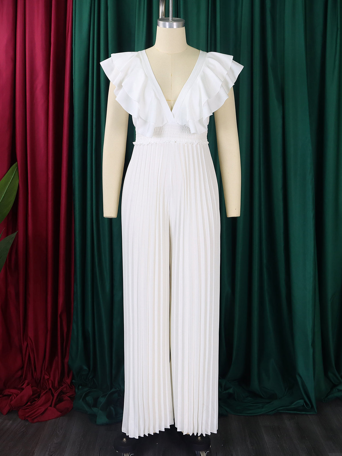 Elegant V Neck Ruffle Pleated Wide Leg Jumpsuit