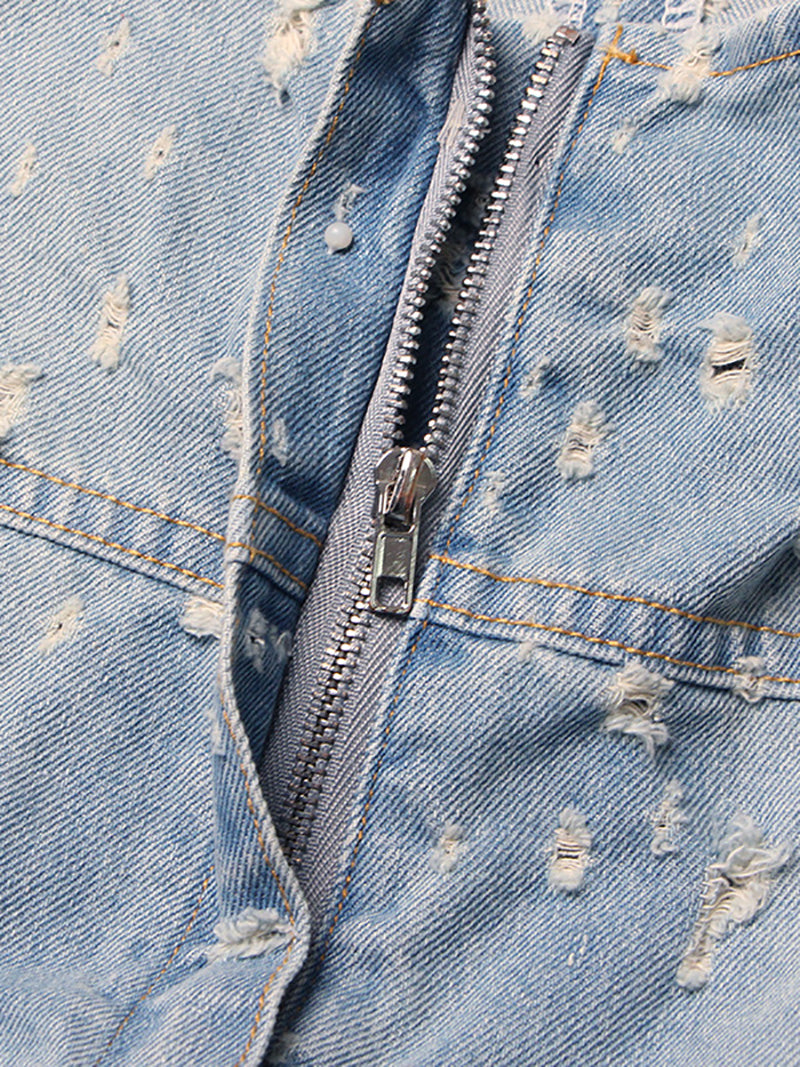 Casual Round Neck Sleeveless Frayed Mini Denim Dress